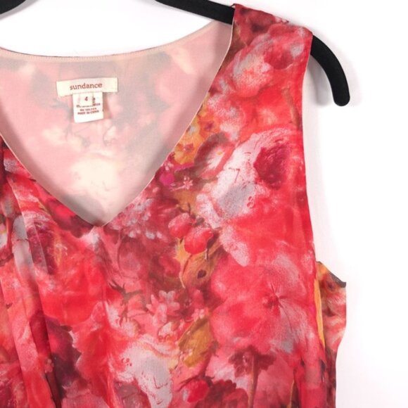 Sundance Women’s 100% SILK Red Mini Dress Floral Watercolor Chiffon Tie Waist 4 - Picture 3 of 11